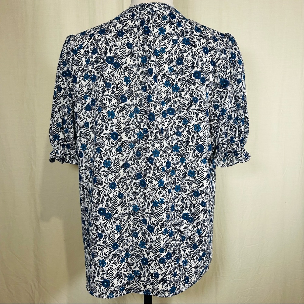 J.Crew Blue Floral Crinkle Puff-Sleeve Ruffle Button-Up Top - Picture 11 of 16